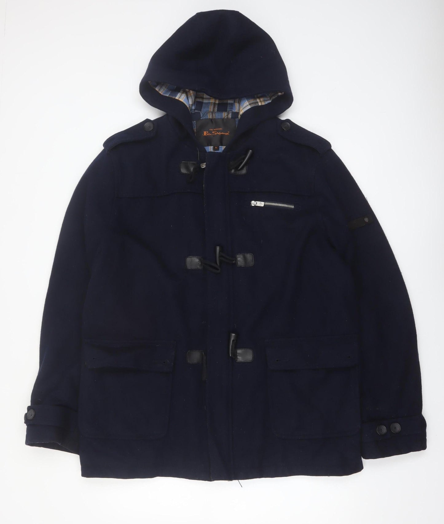 Ben Sherman Men's Blue Wool Blend Hooded Duffle Coat XL