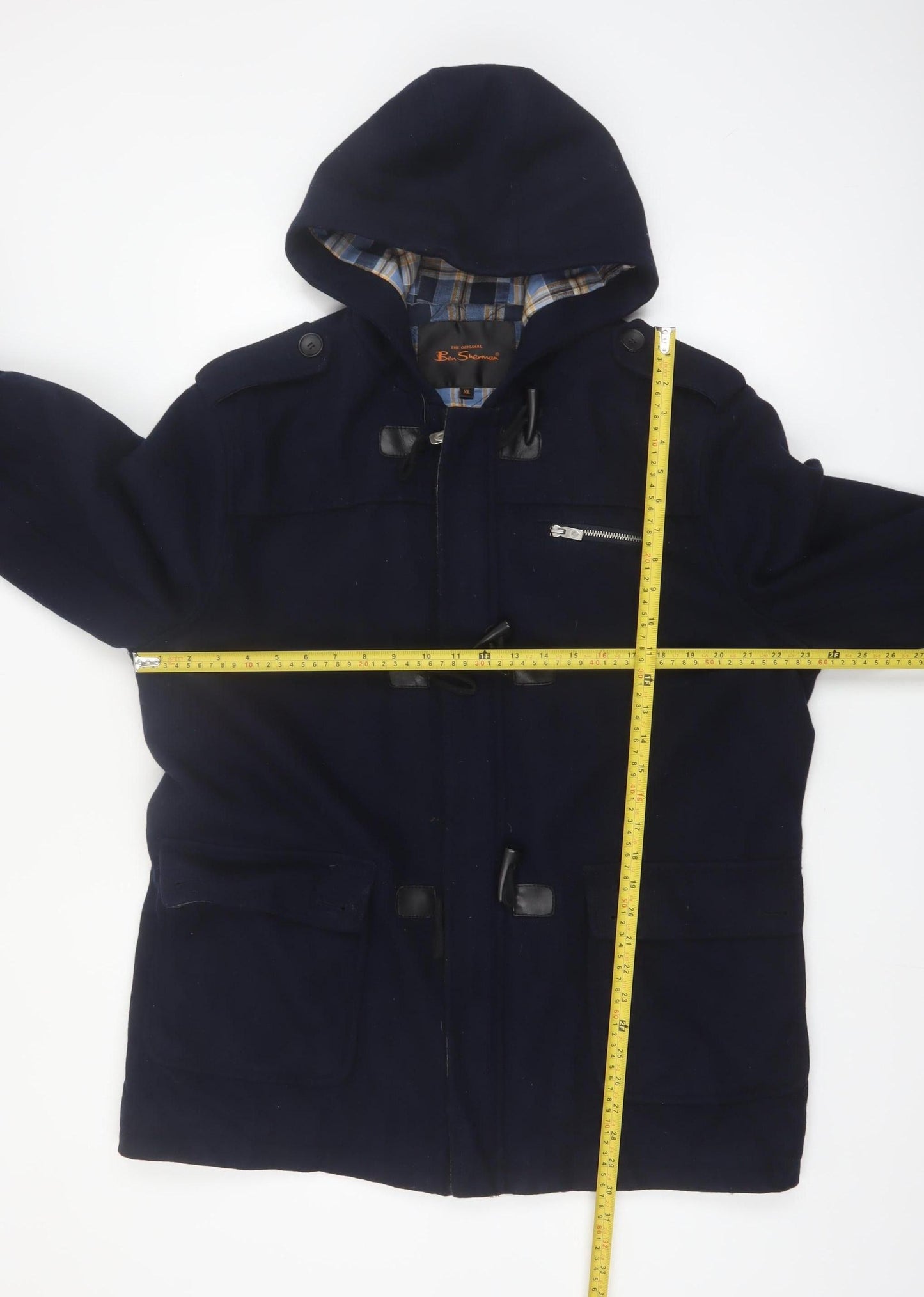 Ben Sherman Men's Blue Wool Blend Hooded Duffle Coat XL