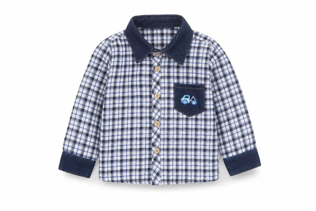 Front view of Happy Life boys’ blue check button-up long sleeve cotton shirt 9-12 months