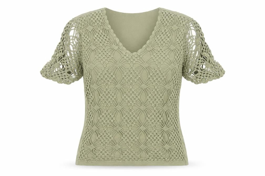 Damart Women’s Green Crochet Cotton Blouse Size 12/14 Short Sleeve