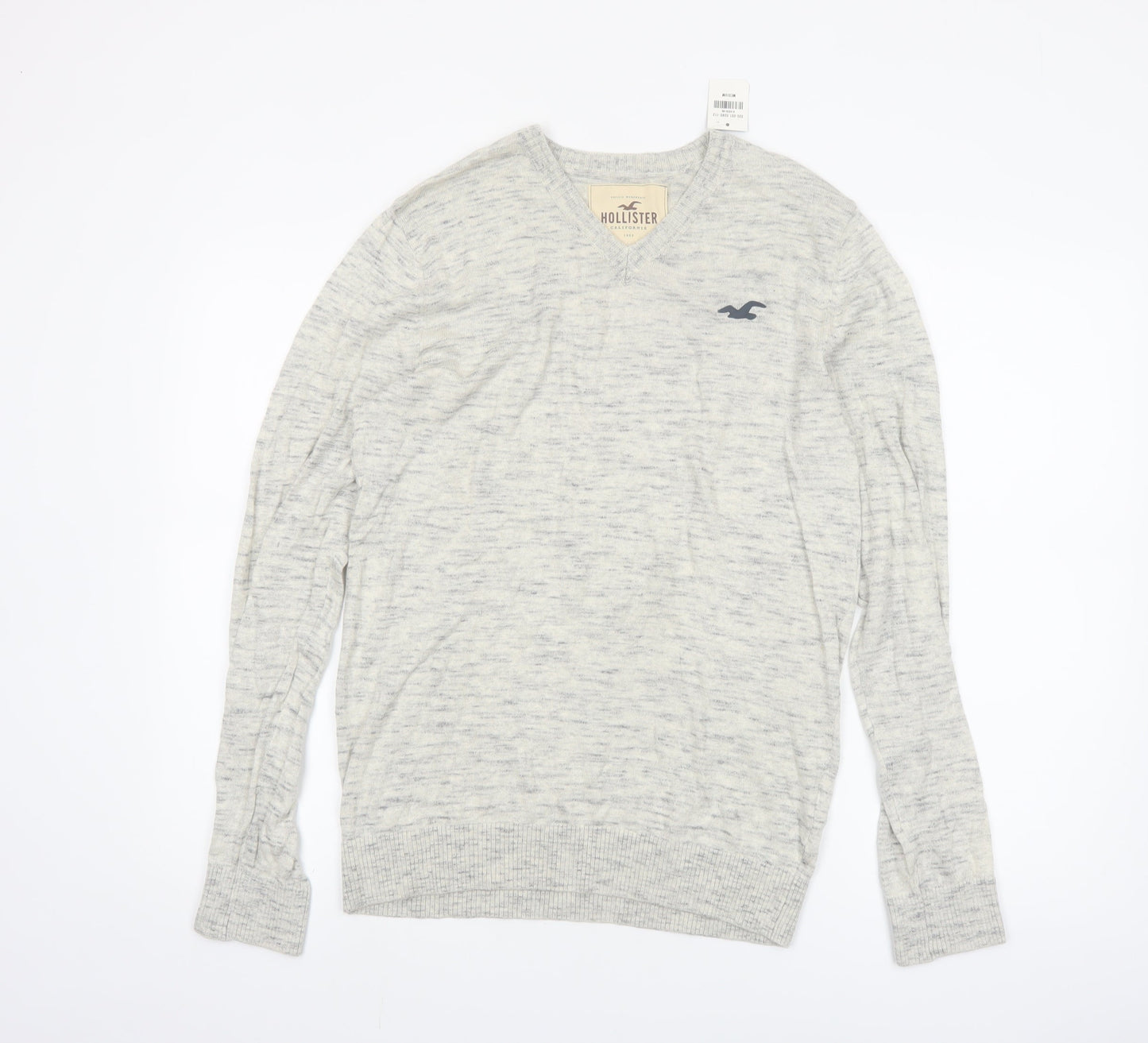 Hollister Men's Grey V-Neck Pullover Jumper Medium