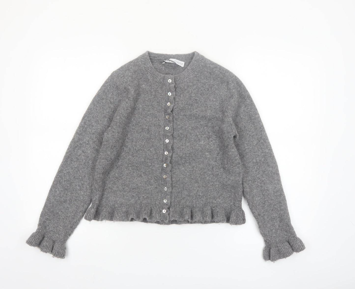 ZARA Womens Grey Knit Cardigan Small Ruffle Trim Lightweight