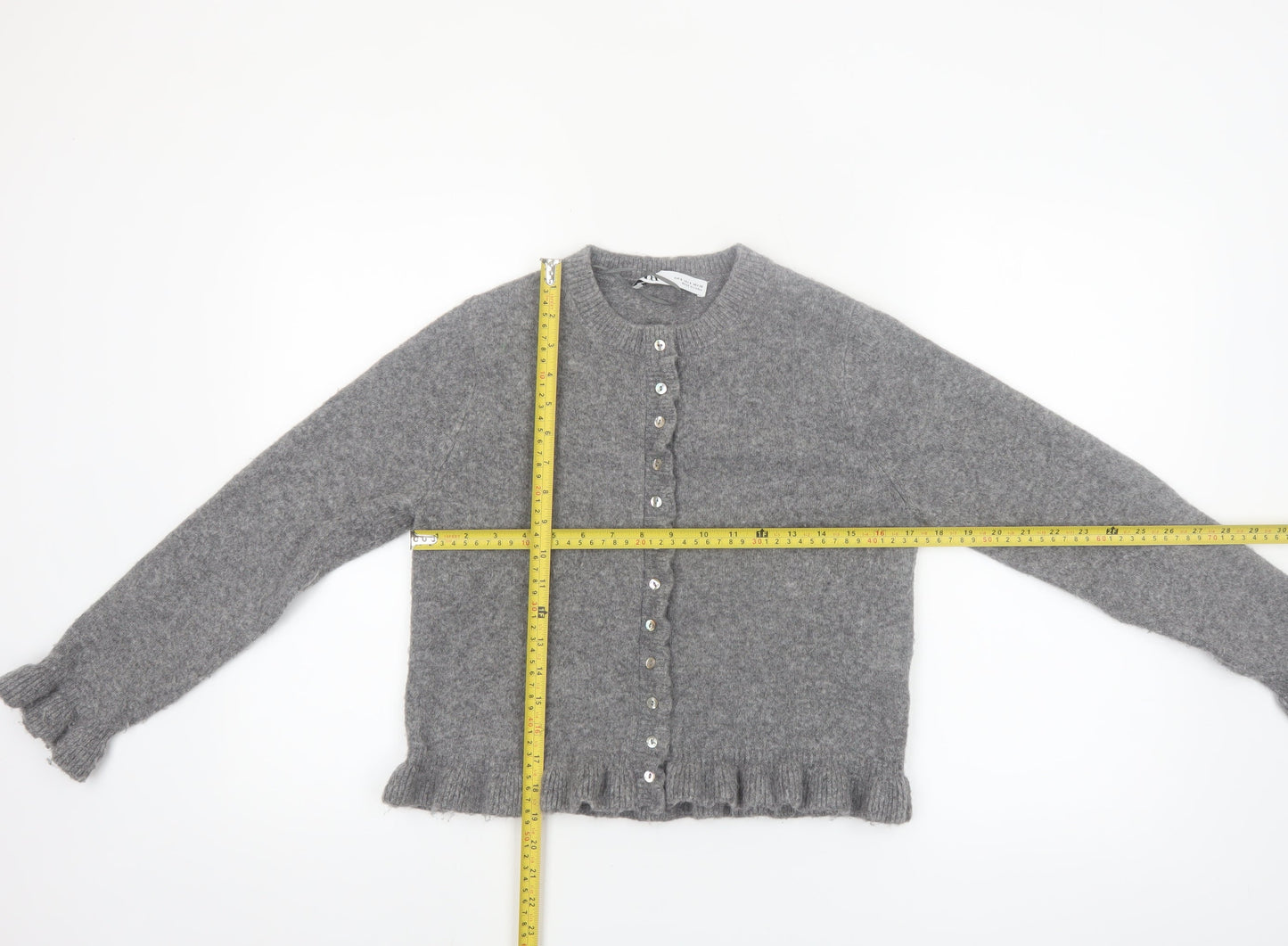 ZARA Womens Grey Knit Cardigan Small Ruffle Trim Lightweight