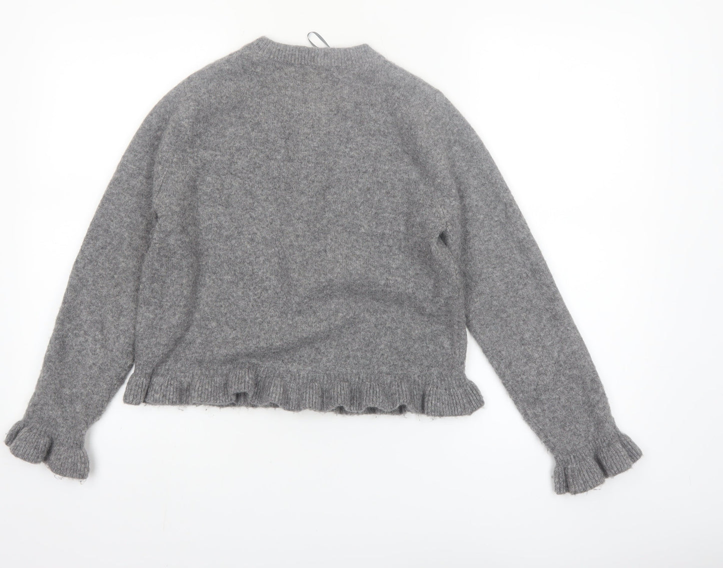 ZARA Womens Grey Knit Cardigan Small Ruffle Trim Lightweight