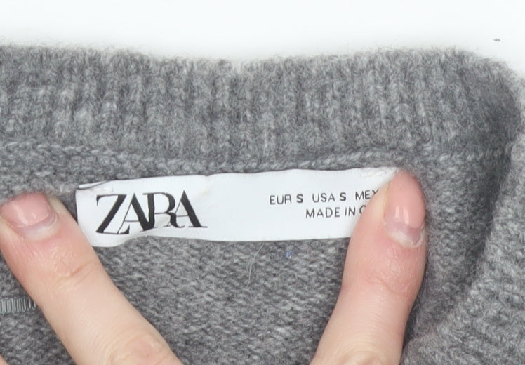 ZARA Womens Grey Knit Cardigan Small Ruffle Trim Lightweight