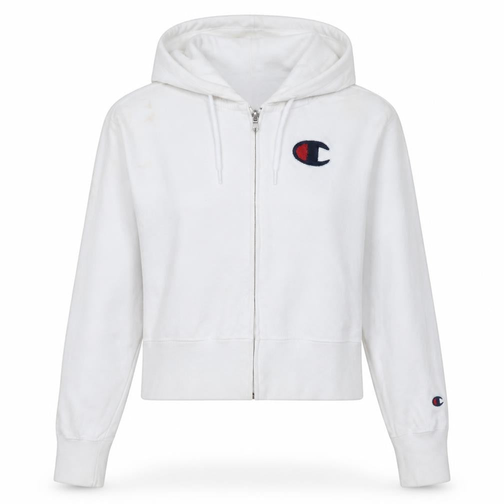 Champion Women's White XS Full Zip Hoodie Cotton Logo Sweatshirt