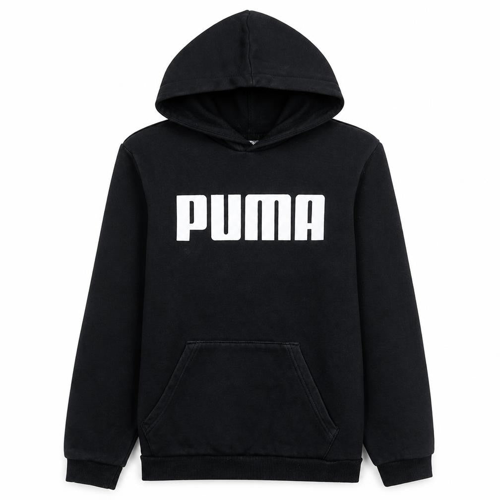 Front view of Puma boys’ black pullover hoodie 13-14 years fleece logo hooded sweatshirt