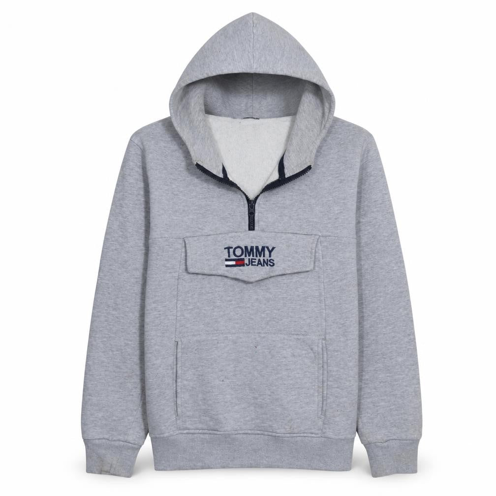 Tommy Hilfiger Mens Grey 1/4 Zip Hoodie M Logo Fleece Sweatshirt