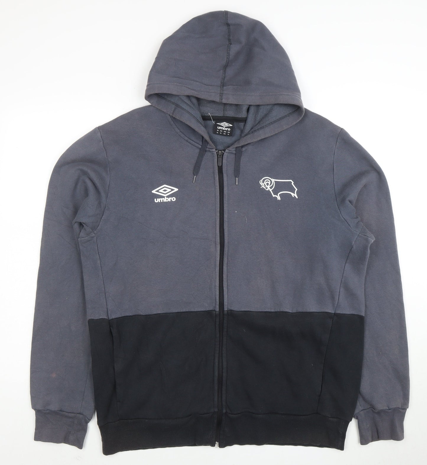 Umbro Mens Grey Black Full Zip Hoodie XL Derby County Logo