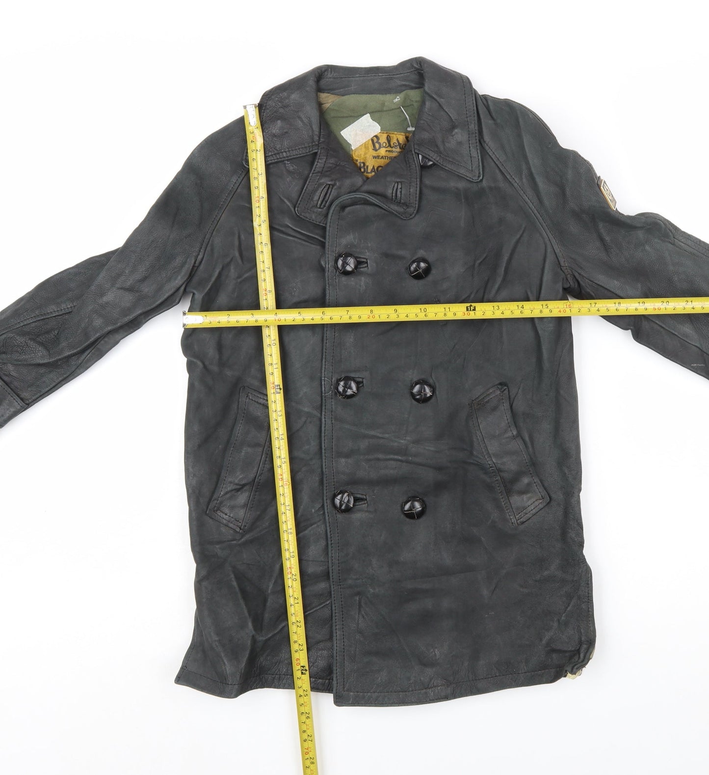 Belstaff Boys Black Leather Pea Coat Jacket 10 Years Classic Weatherproof