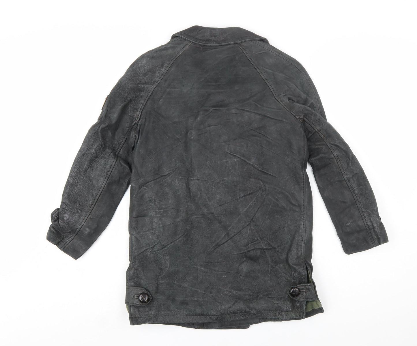 Belstaff Boys Black Leather Pea Coat Jacket 10 Years Classic Weatherproof