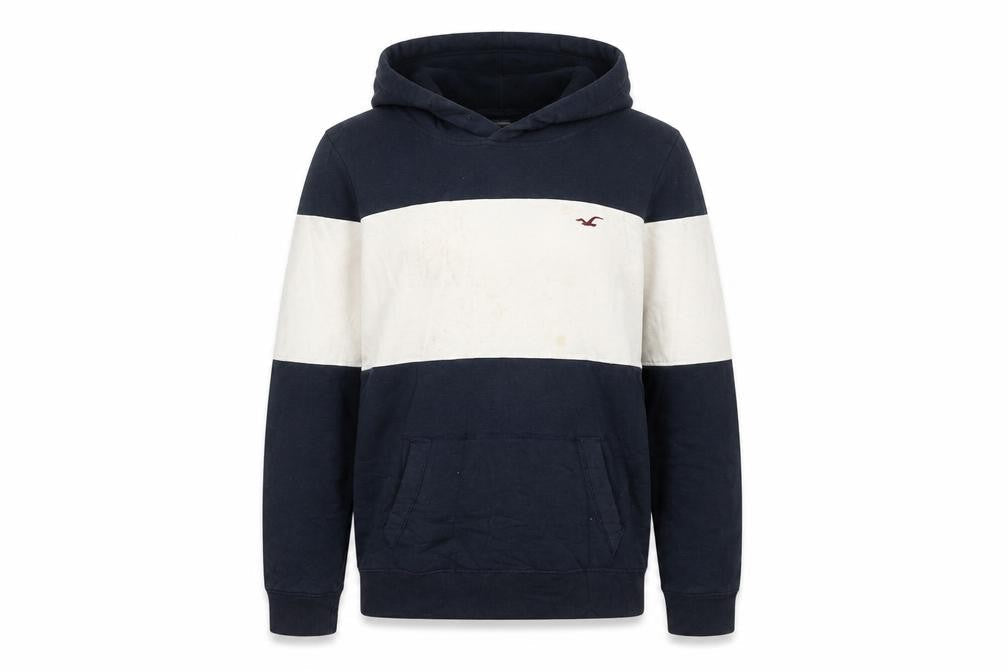 Hollister Mens Blue White Pullover Hoodie Small Logo Striped Sweatshirt
