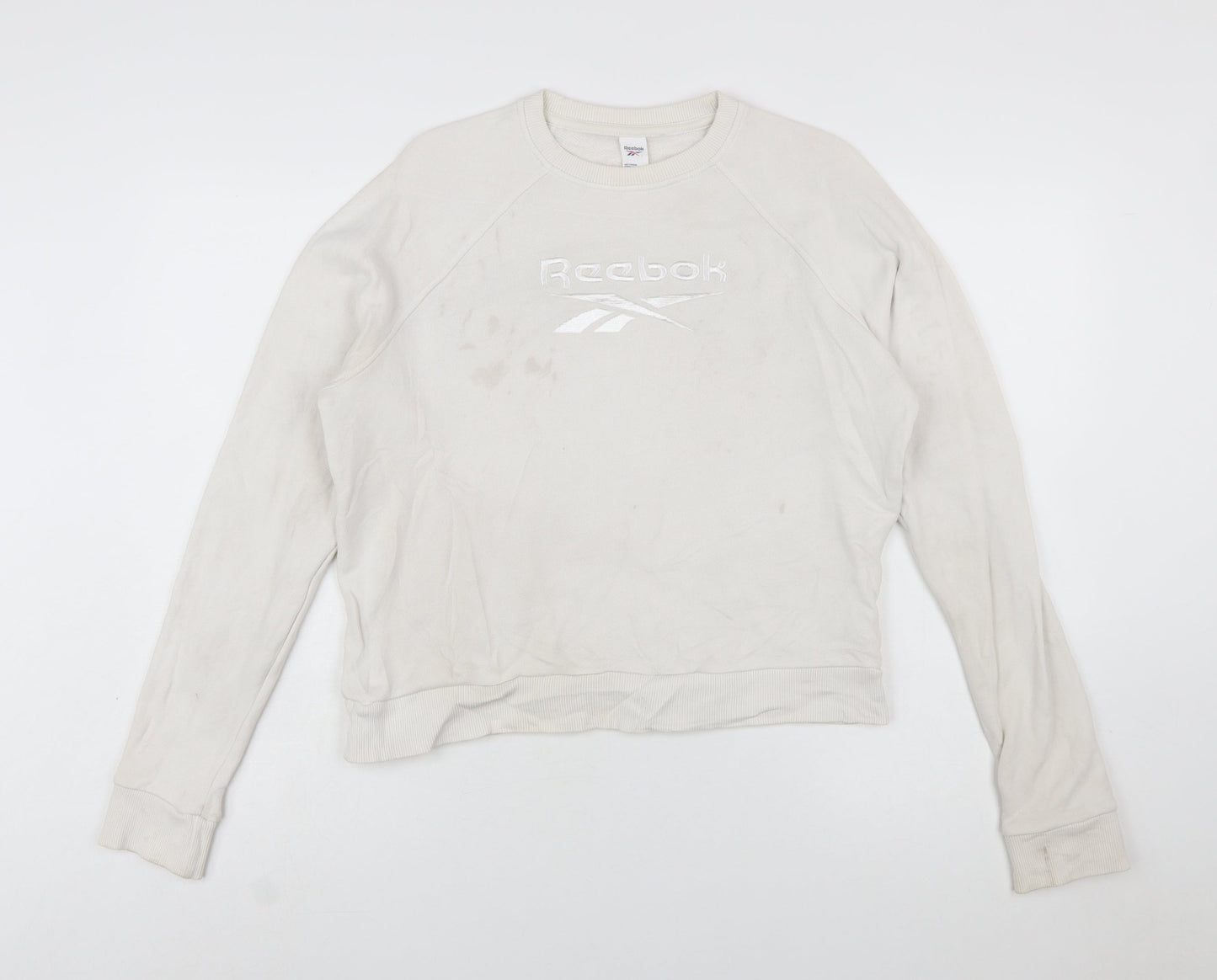 Reebok Womens Beige Sweatshirt Small Crew Neck Logo Cotton Blend