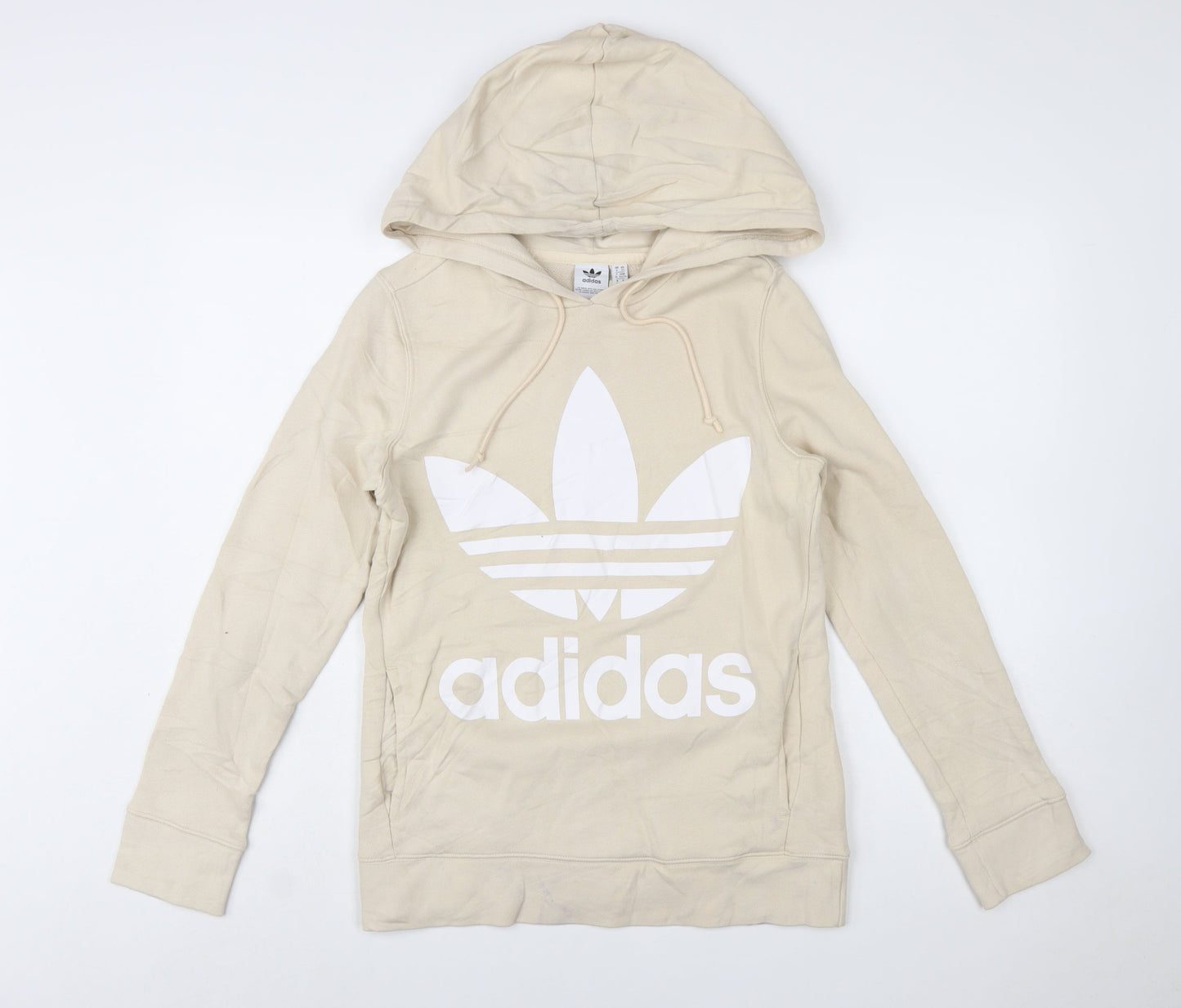Adidas Women Beige Hooded Pullover Hoodie UK 6 Cotton Blend Logo
