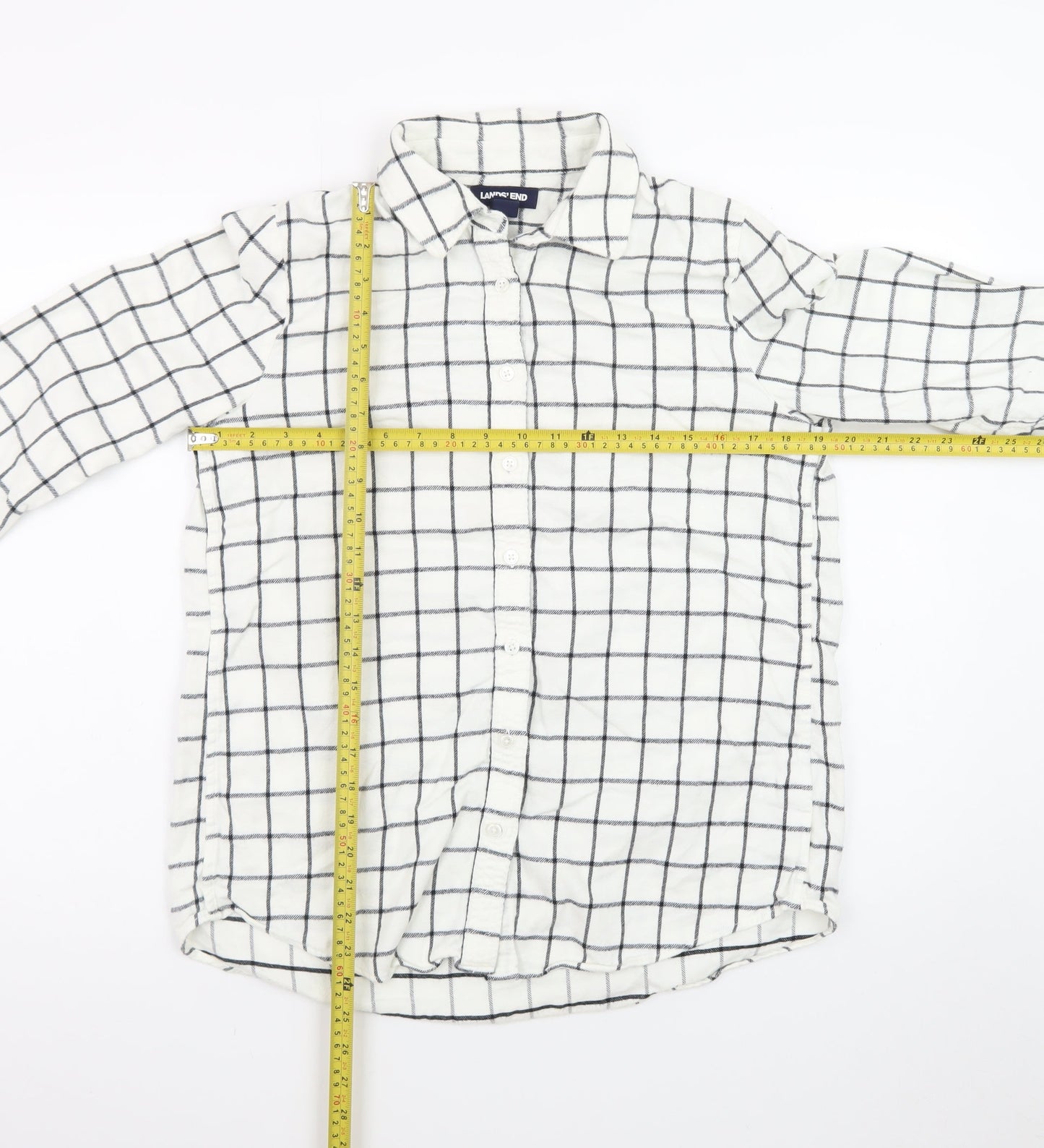 Lands' End Men's White Check Cotton Flannel Long Sleeve Shirt Size S