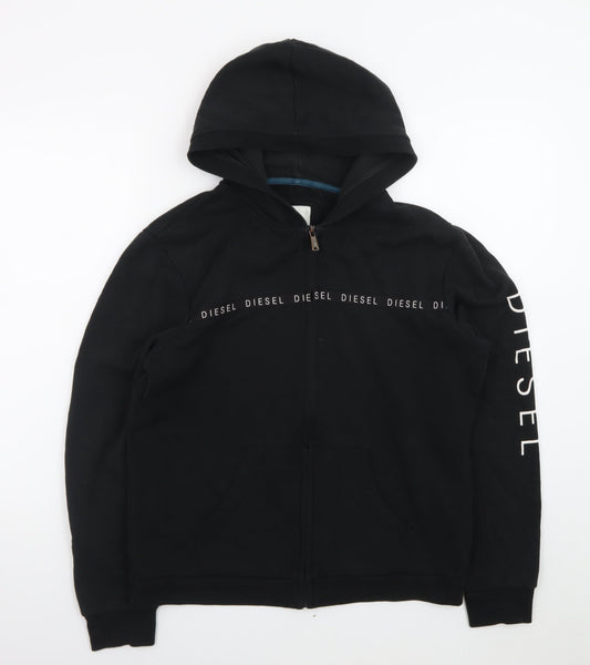 Diesel Men's Black Full Zip Hoodie L Logo Graphic Cotton Blend