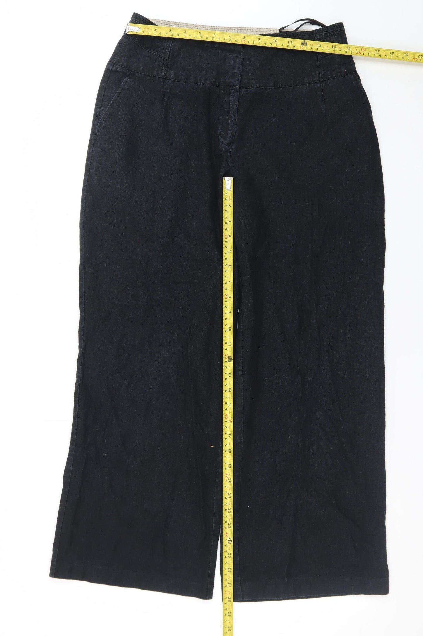 Next Womens Black Linen Wide-Leg Trousers Size 14R