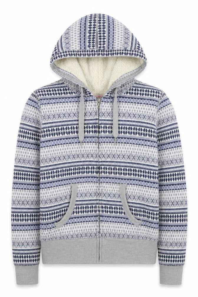 H&M Girls Grey Fair Isle Full Zip Hooded Lined Hoodie Size L