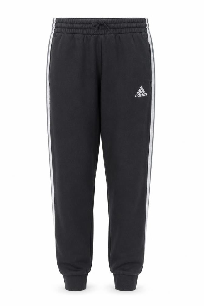 Front view of Adidas women’s black jogger trousers, size M, elastic waist side stripe