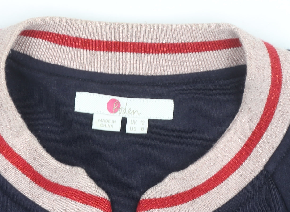 Boden Women Blue Varsity Jacket UK 12 Cotton Full Zip Casual