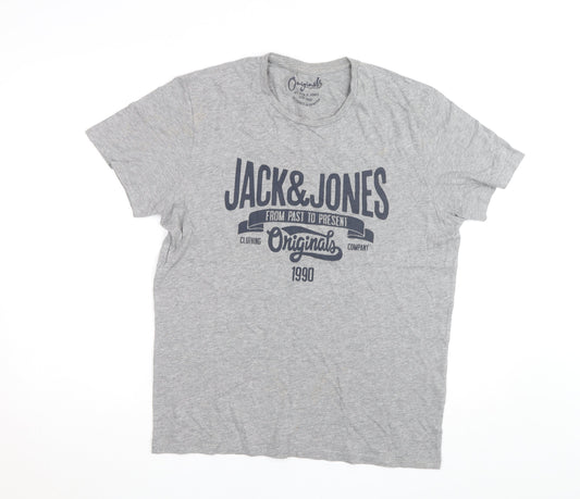 Jack & Jones Men's Grey Graphic Print Crew Neck T-Shirt Size L