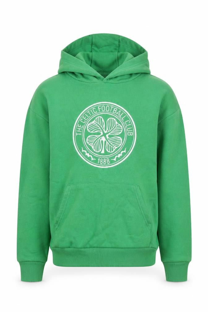 Front view of Celtic FC boys’ green pullover hoodie 10-11 years football fleece sweatshirt