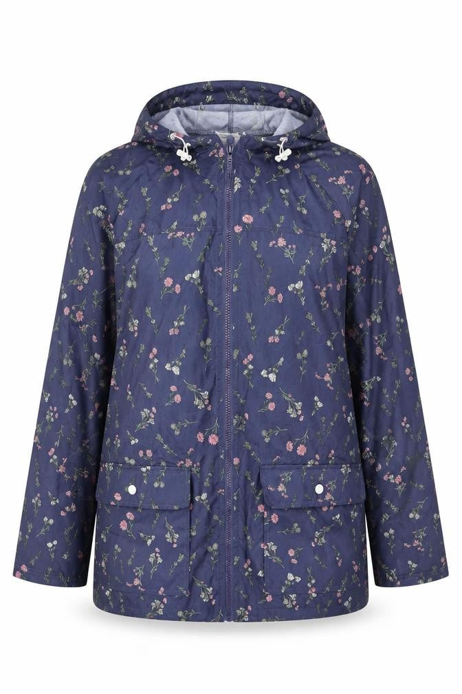 Annie De Langay Women's Blue Floral Hooded Rain Coat Jacket Size M