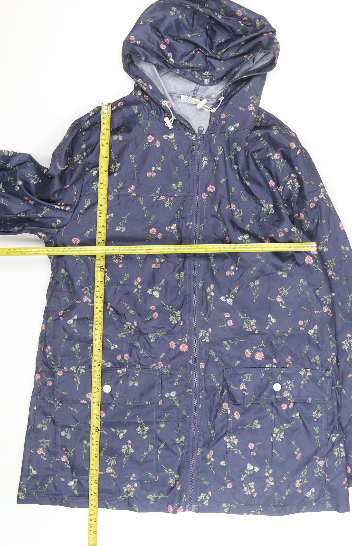 Annie De Langay Women's Blue Floral Hooded Rain Coat Jacket Size M