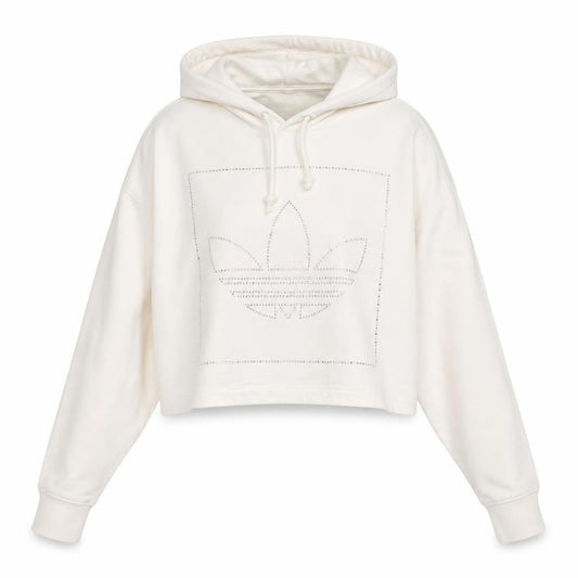 Adidas Womens Ivory 2XS Cropped Hoodie Rhinestone Logo Cotton