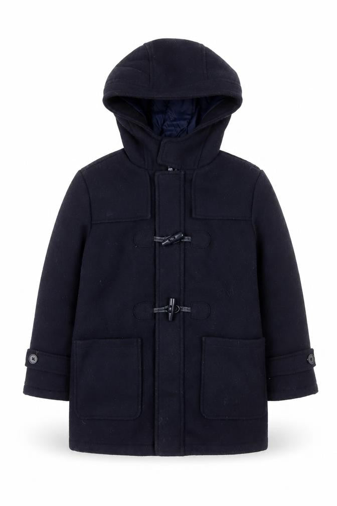 Front view of Mayoral boys’ black duffle coat hooded mid-length 5 years polyester