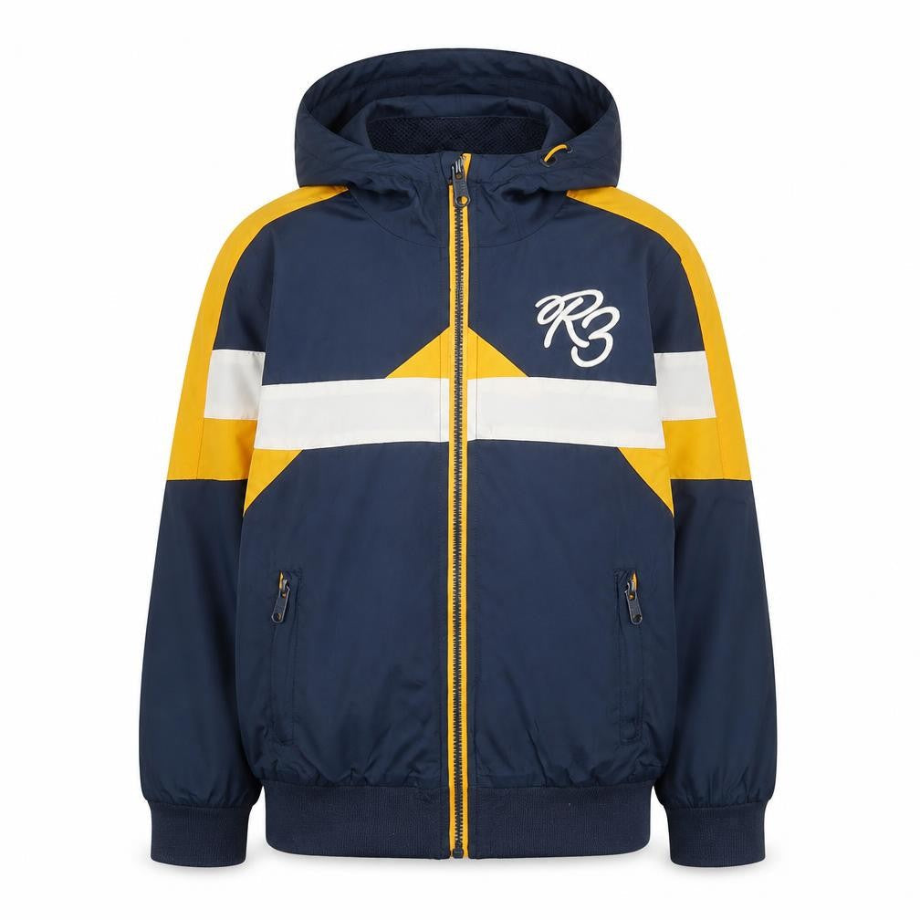 Front view of Ripstop boys’ blue yellow hooded colourblock windbreaker jacket 11-12 years