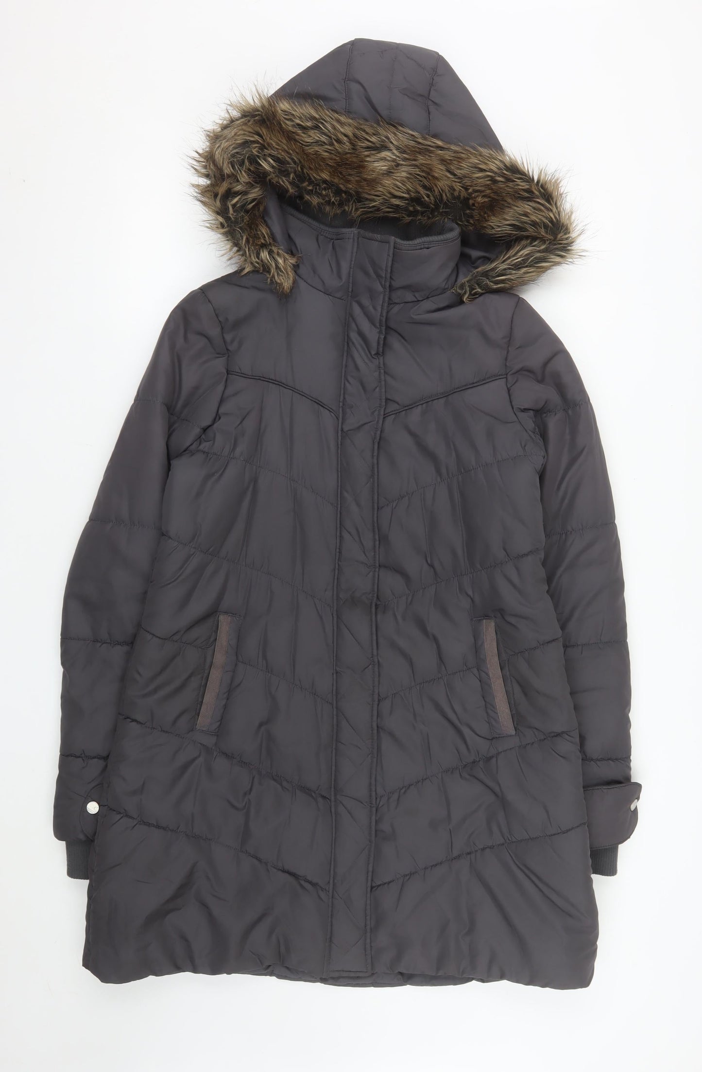 SoulCal Womens Grey Long Puffer Coat Size 10 Hooded Fur Trim Winter Jacket