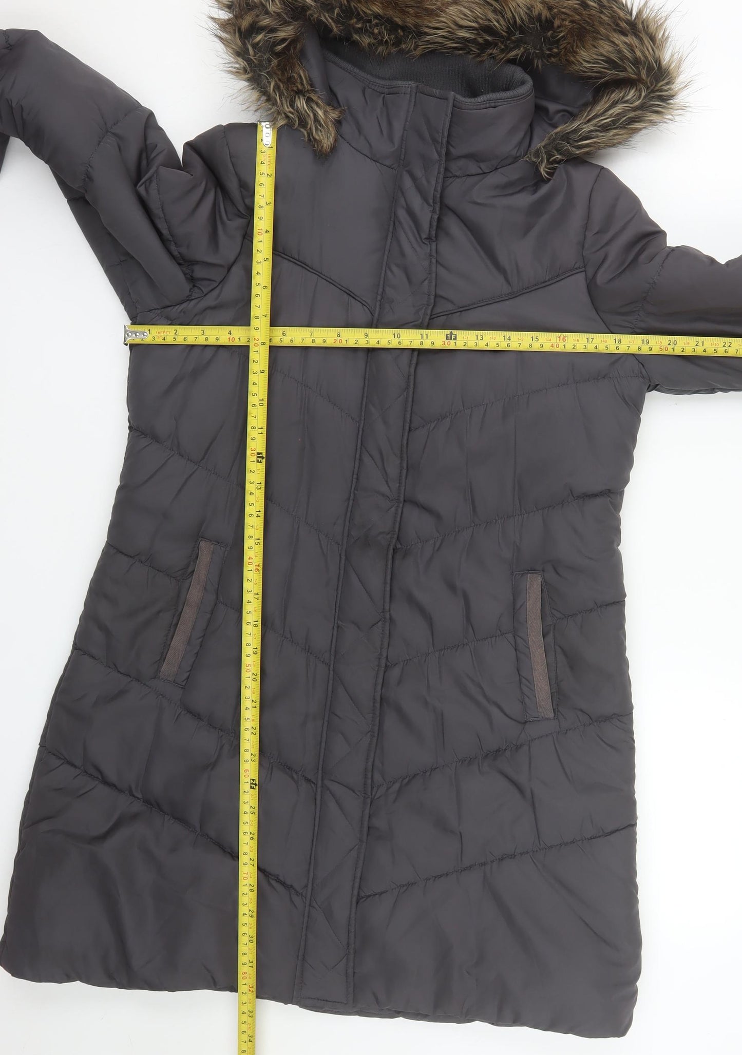 SoulCal Womens Grey Long Puffer Coat Size 10 Hooded Fur Trim Winter Jacket