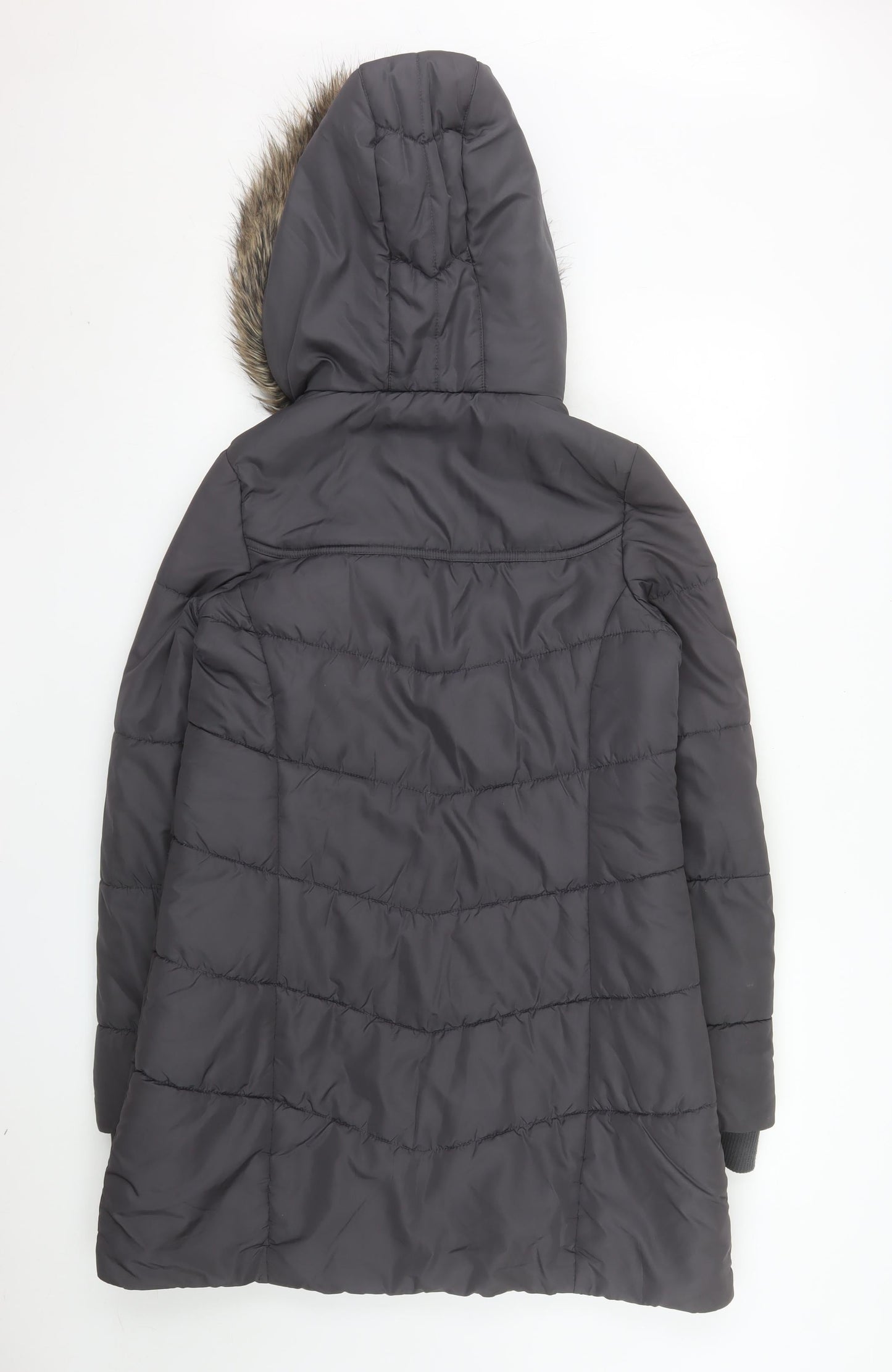 SoulCal Womens Grey Long Puffer Coat Size 10 Hooded Fur Trim Winter Jacket