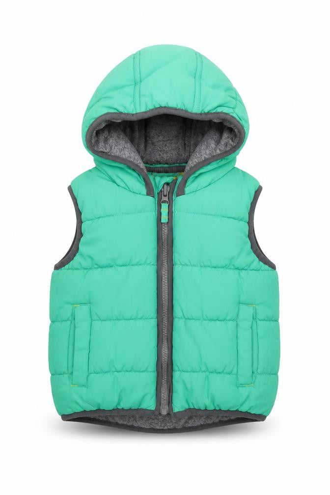Front view of Mini Club boys’ green hooded puffer bodywarmer 4-5 years