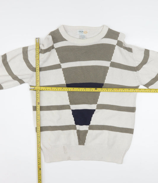 IZOD Men's Beige Striped Cotton Jumper M Crew Neck Classic Fit