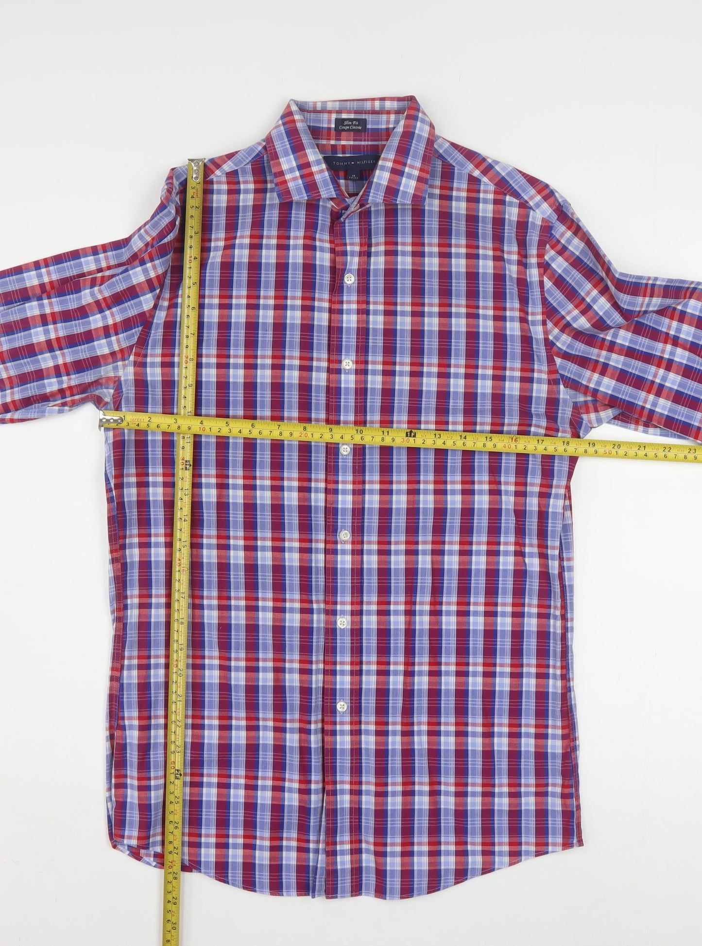 Tommy Hilfiger Men's Red Blue Checked Slim Fit Long Sleeve Shirt 15