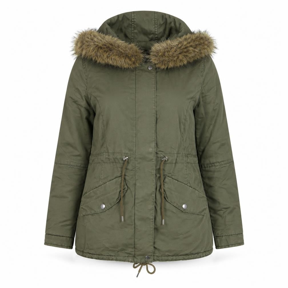 H&M Divided Women's Green Parka Jacket Size 12 Hooded Faux Fur Trim