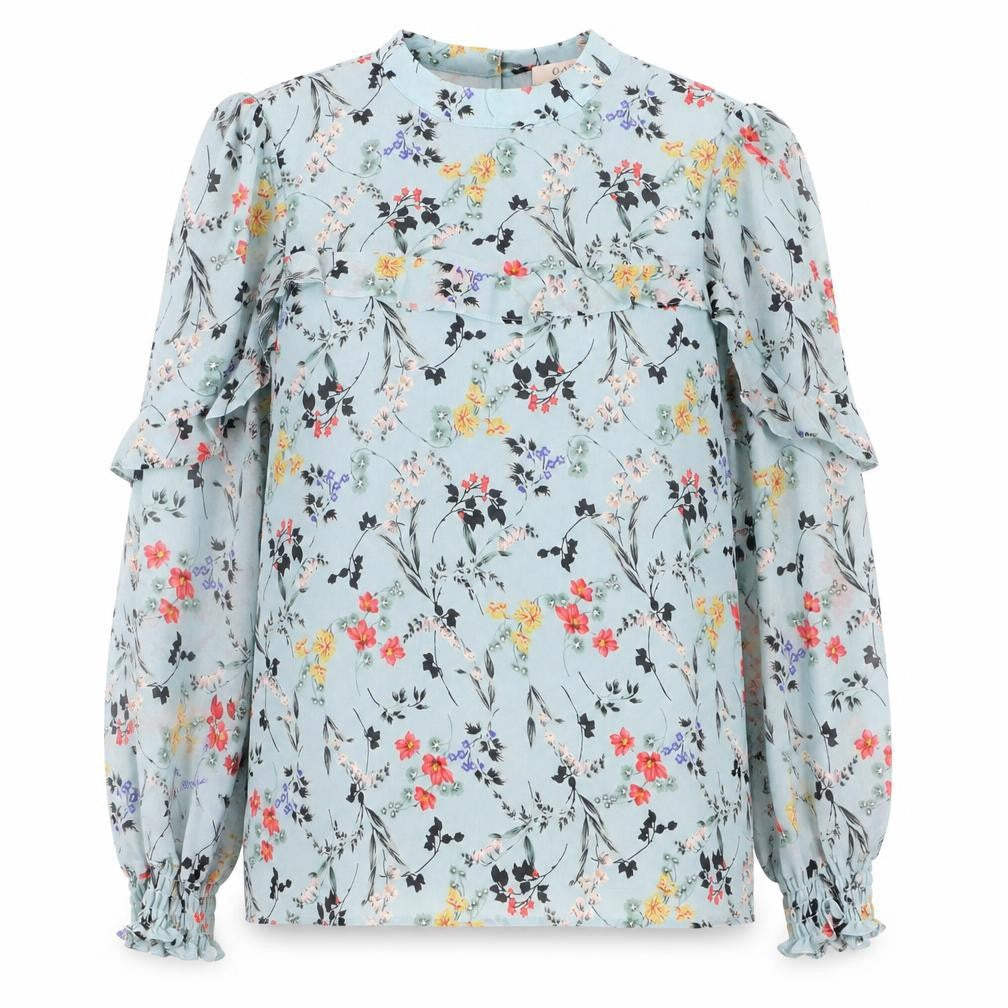 Oasis Womens Blue Floral Long Sleeve Blouse UK 8 Polyester Ruffle Detail