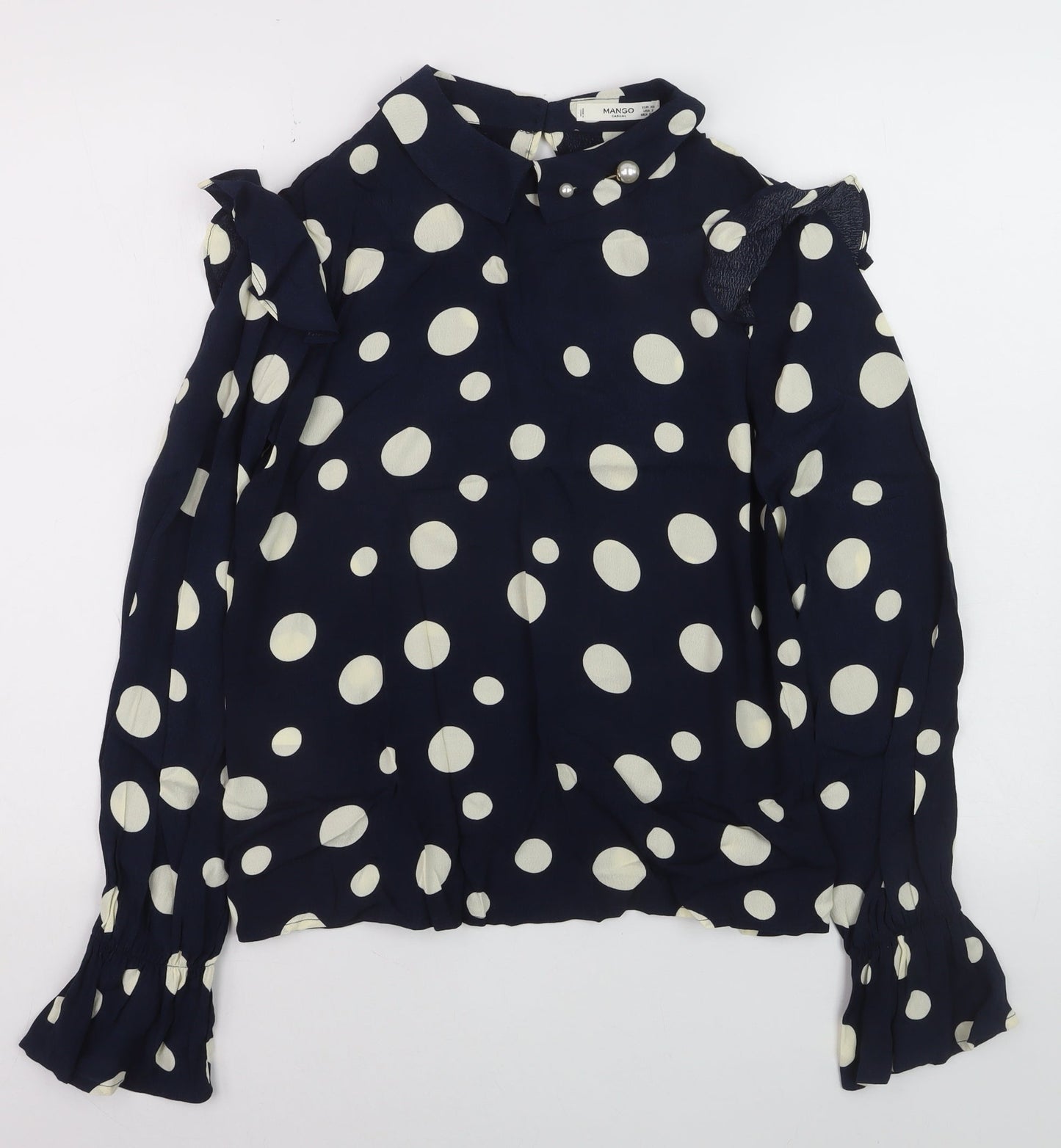 Mango Women’s Blue Polka Dot Collared Long Sleeve Blouse XS