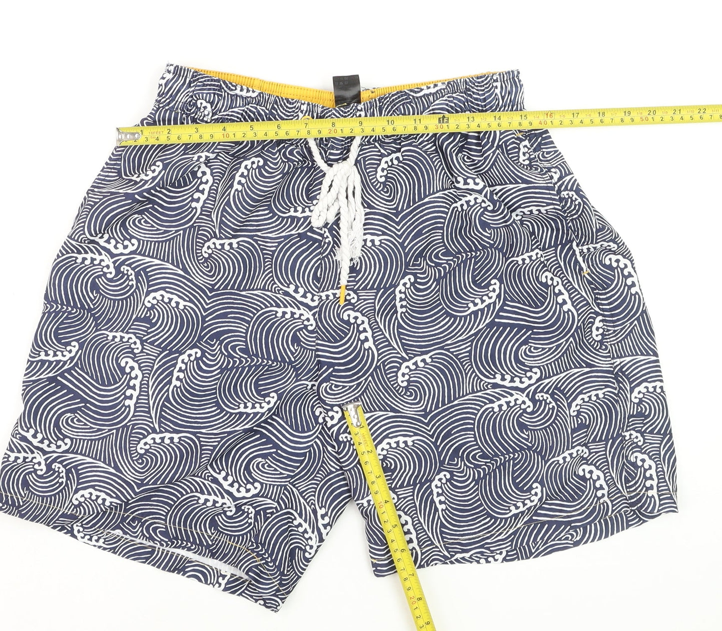 F&F Men’s Blue Wave Print Swim Shorts Size M Elastic Waist Drawstring