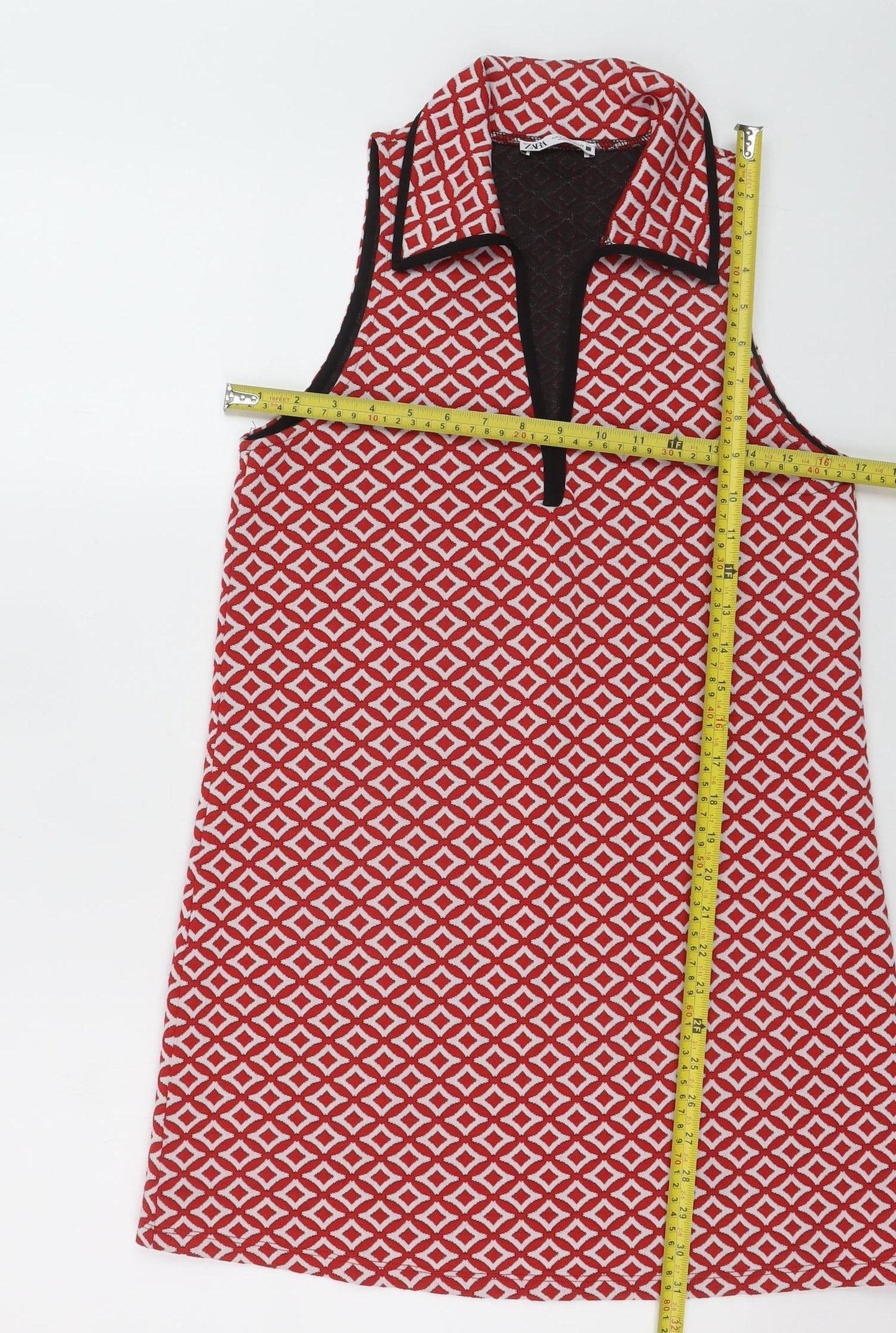 Zara Women Red Geometric Sleeveless Collared Shift Dress Size 10