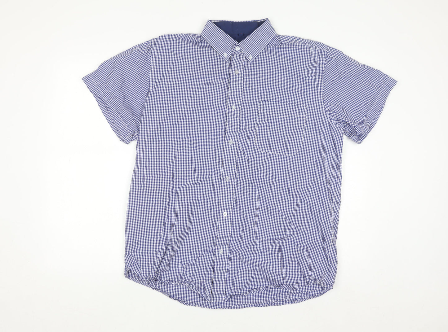 J&J Men's Blue Check Button-Down Short Sleeve Cotton Shirt L