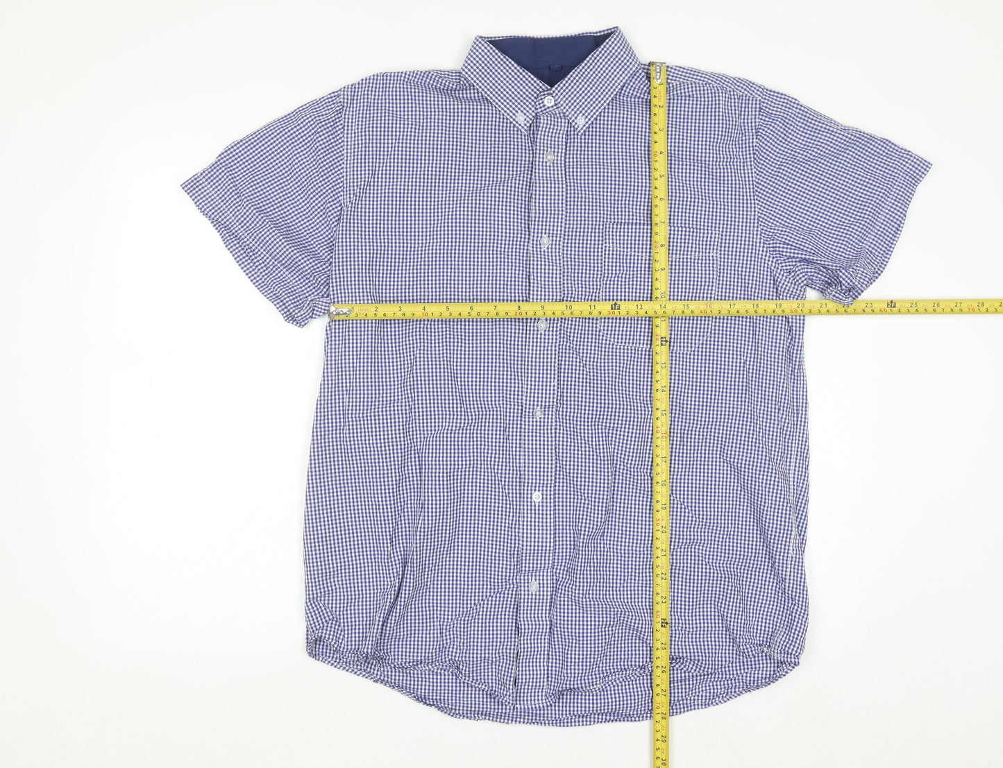 J&J Men's Blue Check Button-Down Short Sleeve Cotton Shirt L