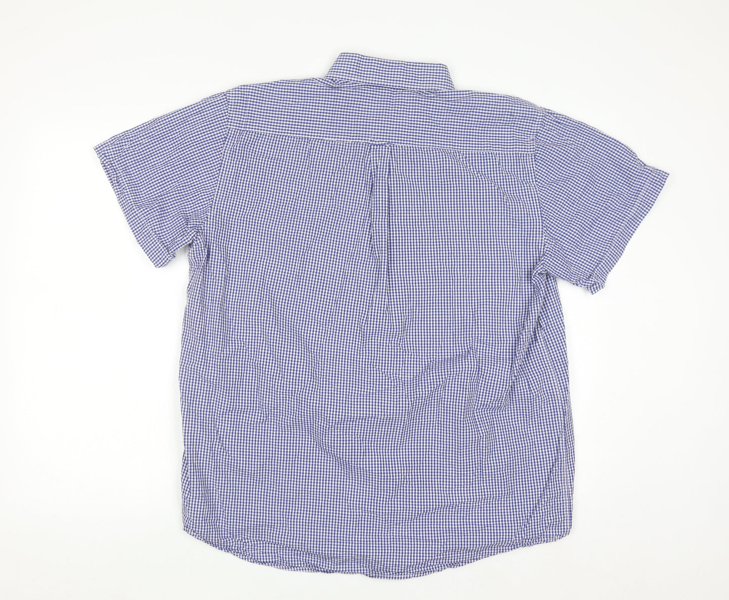 J&J Men's Blue Check Button-Down Short Sleeve Cotton Shirt L
