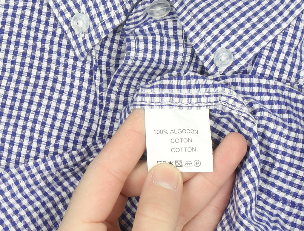 J&J Men's Blue Check Button-Down Short Sleeve Cotton Shirt L
