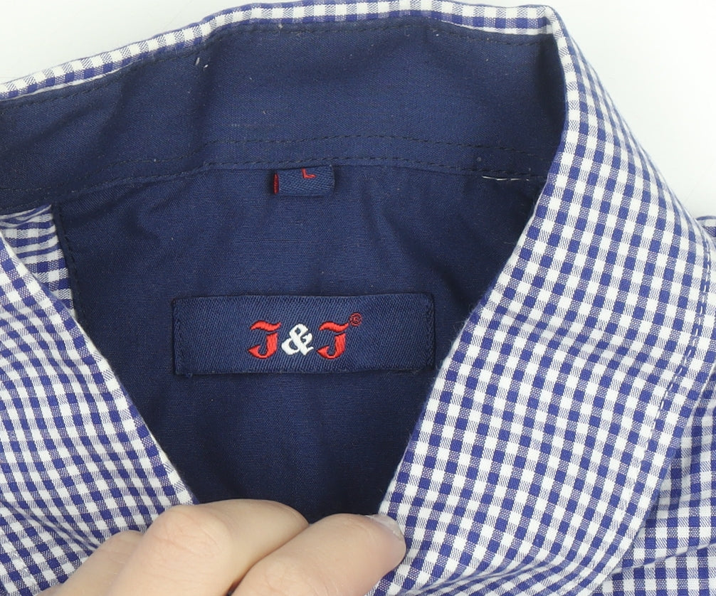 J&J Men's Blue Check Button-Down Short Sleeve Cotton Shirt L