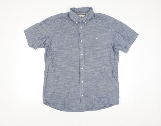 Jack & Jones Men’s Blue Linen Blend Short Sleeve Button-Up Shirt L