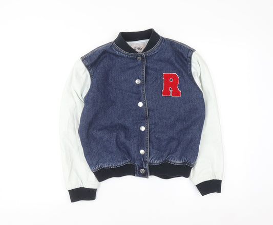 Additional front view of Only boys’ blue denim varsity jacket, size 146, cotton lined button bomber