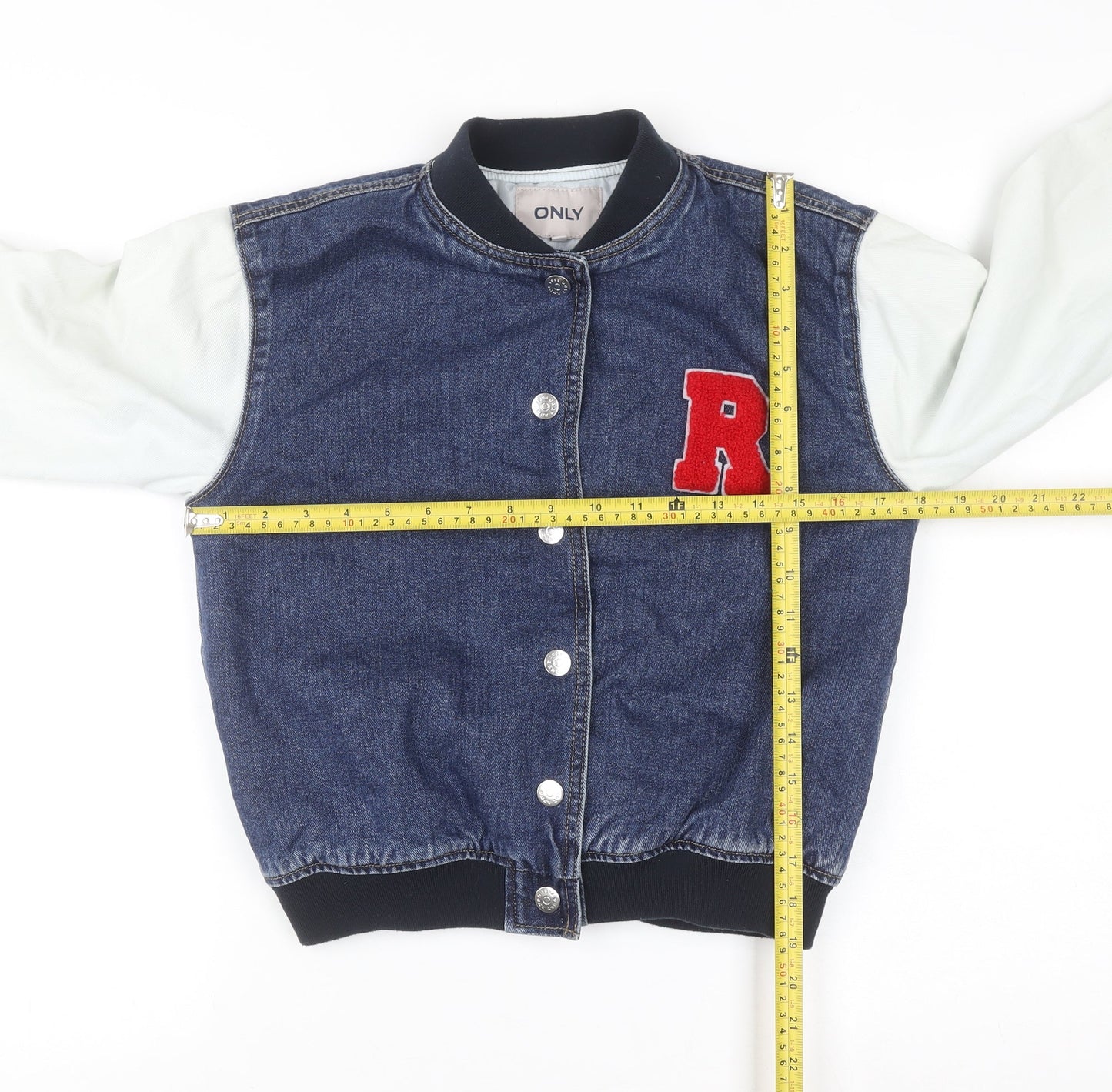 ONLY Boys Blue Denim Varsity Jacket Size 146 Cotton Lined Button Bomber